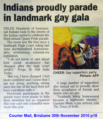 Courier Mail article 30 Nov 2010 Indians prudly parade in landmark gay gala